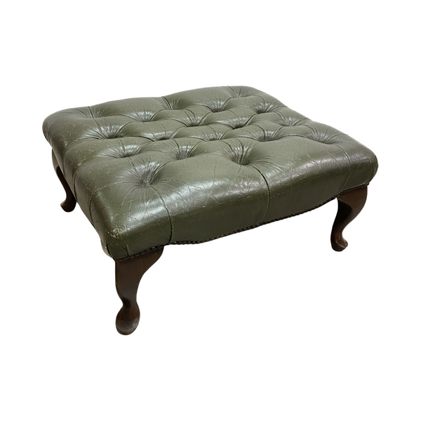 Antique Queen Anne Leg Green Leather Foot Stool Rest