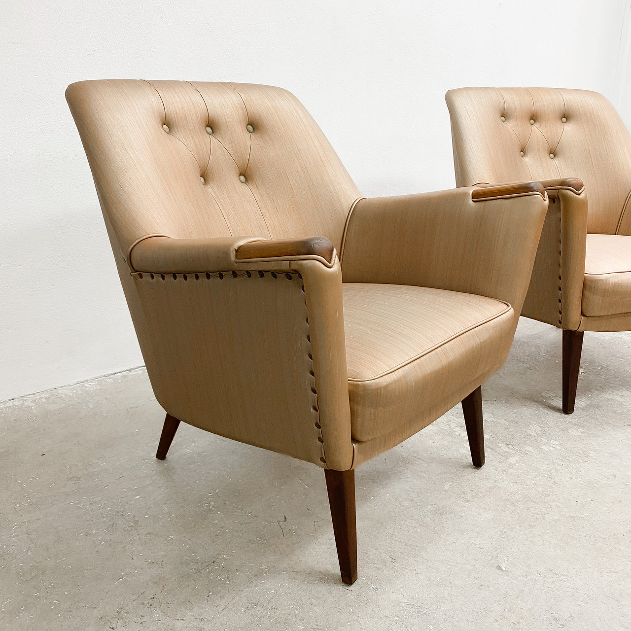 Pair Mid Century Australian 1960s Rose Gold Satin Look Vinyl Armchairs
