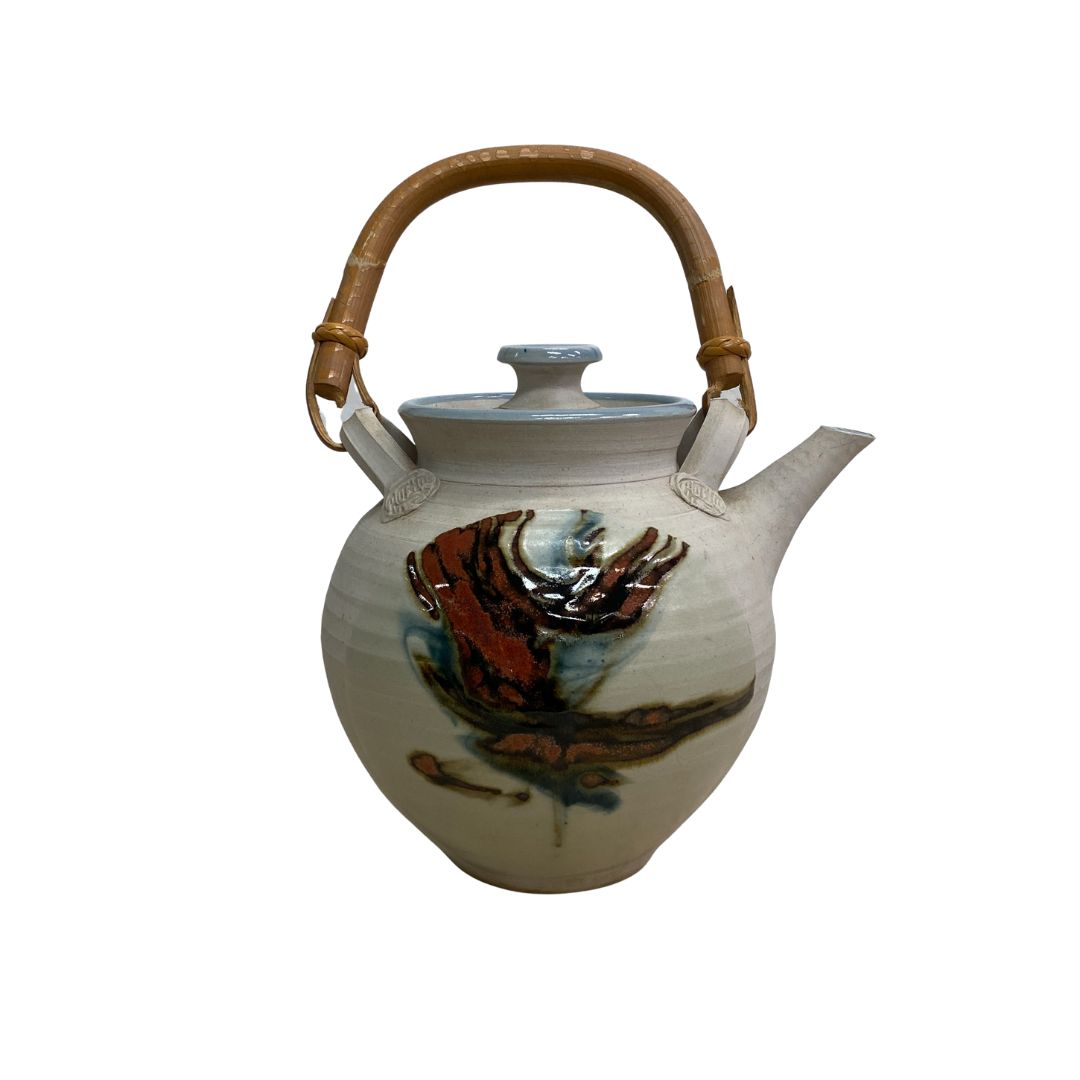 Handcrafted Ceramic Oriental Teapot with Bamboo Wrapped Handle