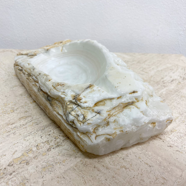 Mid Century Heavy Carved Italian Brutalist Alabaster Ashtray