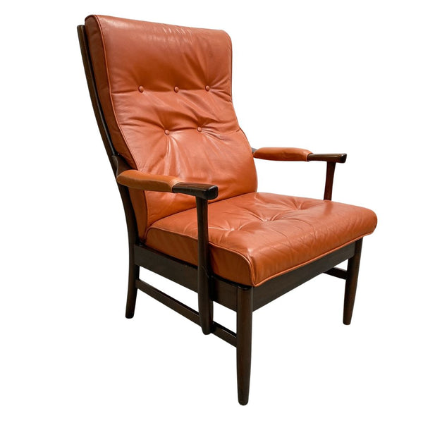 Mid Century Danish High Back Dark Dan Leather Armchair Lounge Chair