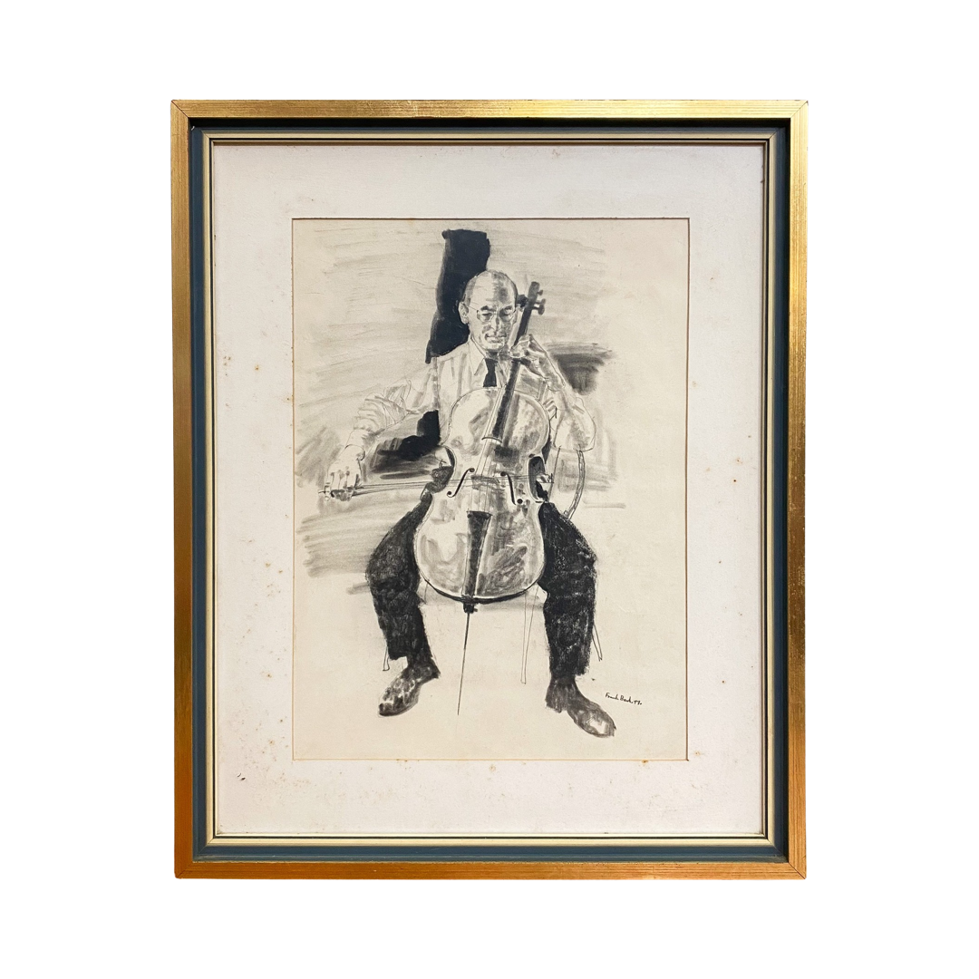 Mid Century Framed Pencil Drawing of Cellist by Frank Beck 1977