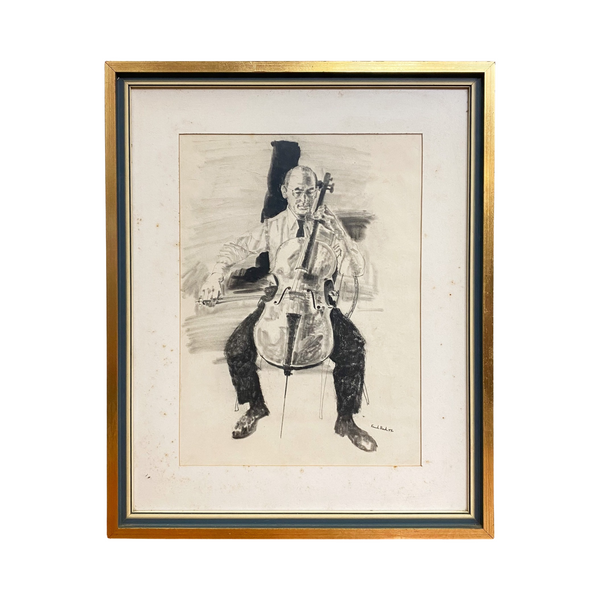 Mid Century Framed Pencil Drawing of Cellist by Frank Beck 1977