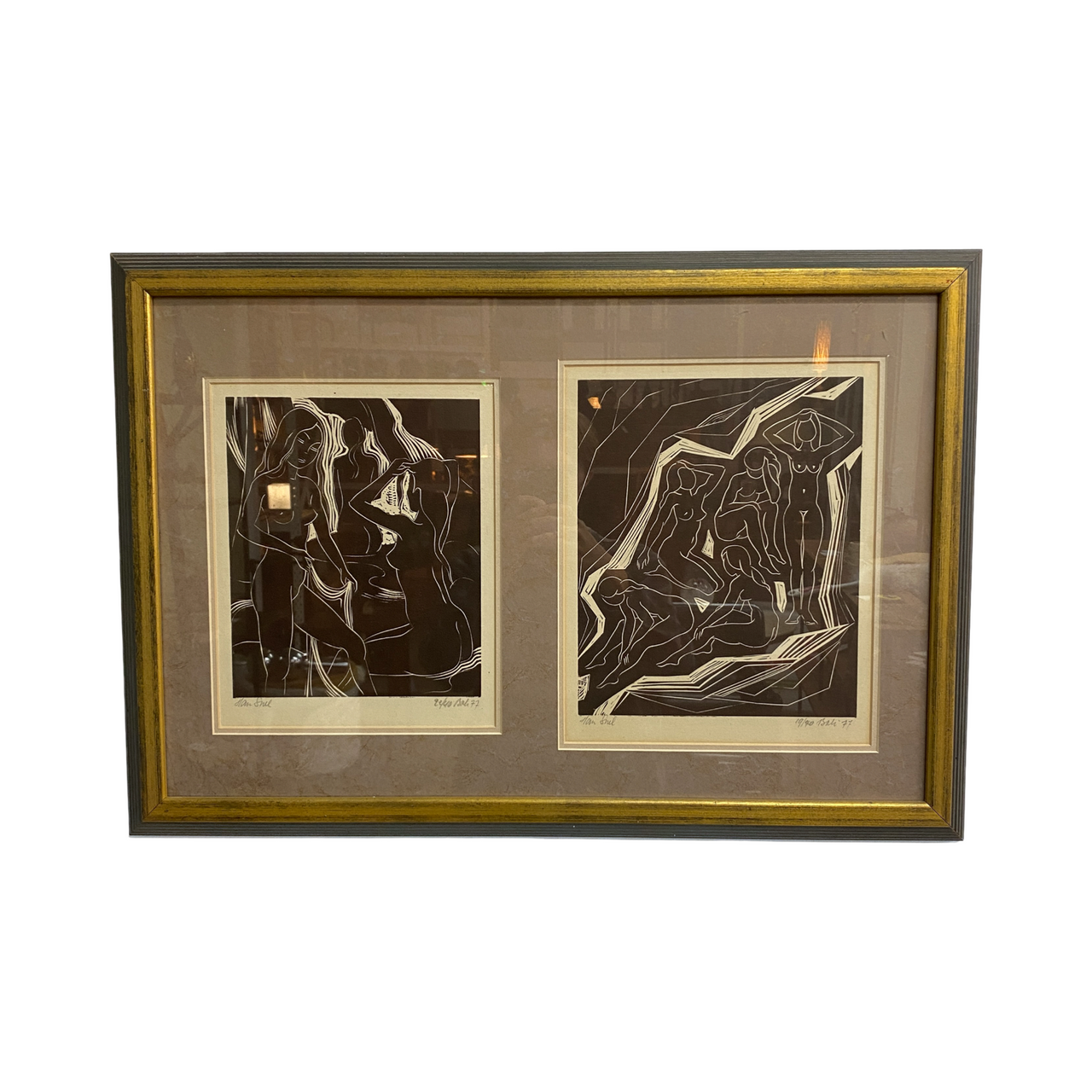 Mid Century Linocut Artwork Of Nudes C1977