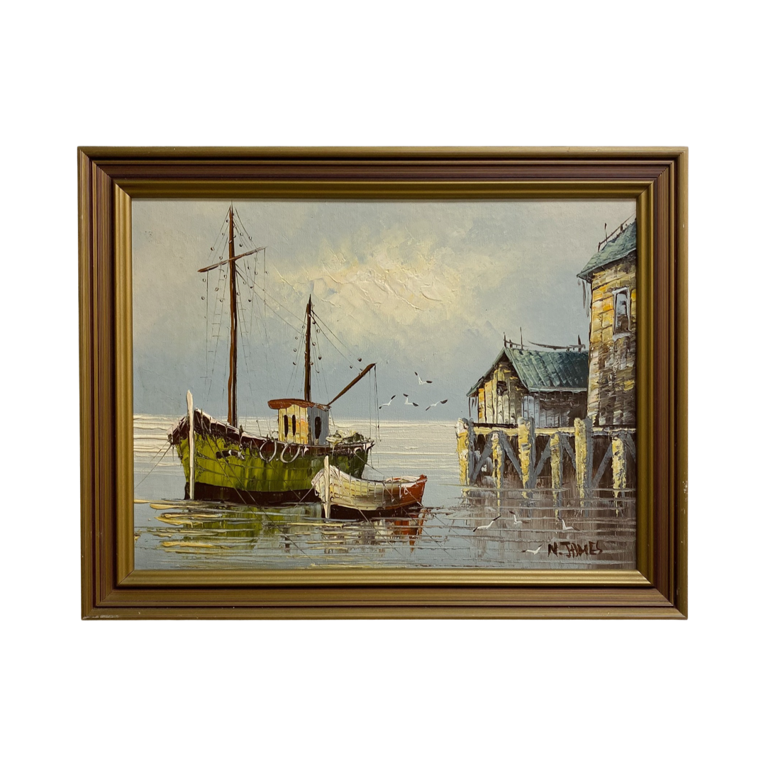 Mid Century Oil On Board Of Boat With Tender By N. James