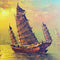 Mid Century Oil Painting of Harbour Scene with Junks