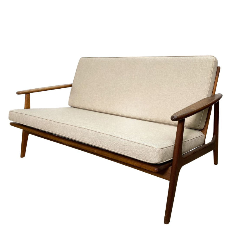 Mid Century Parker Rattan Back 2 Seater Lounge - Newly Upholstered Beige