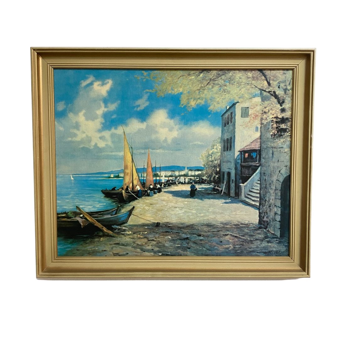 Mid Century Print of Coastal Boats at Rest