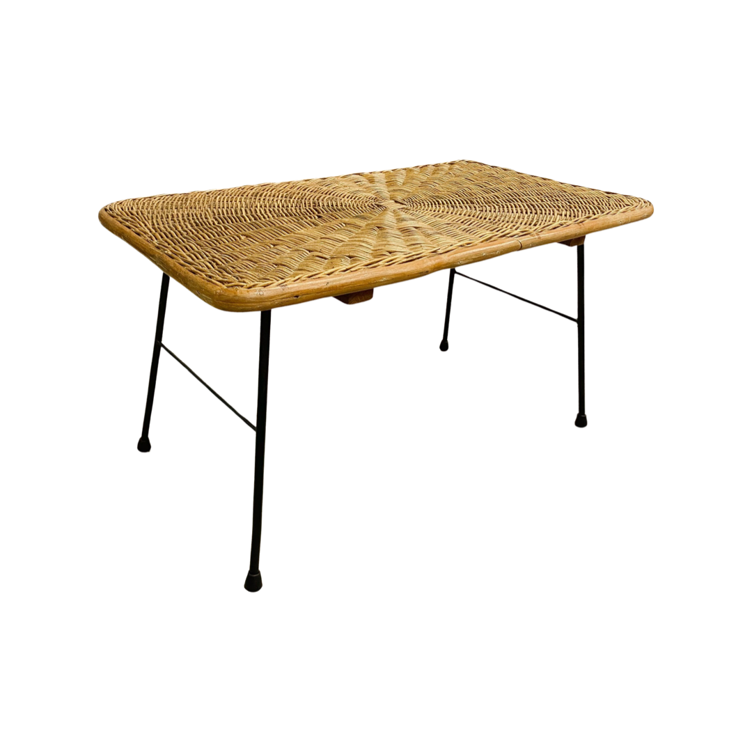 Mid Century Wicker And Metal Rod Coffee Side Table