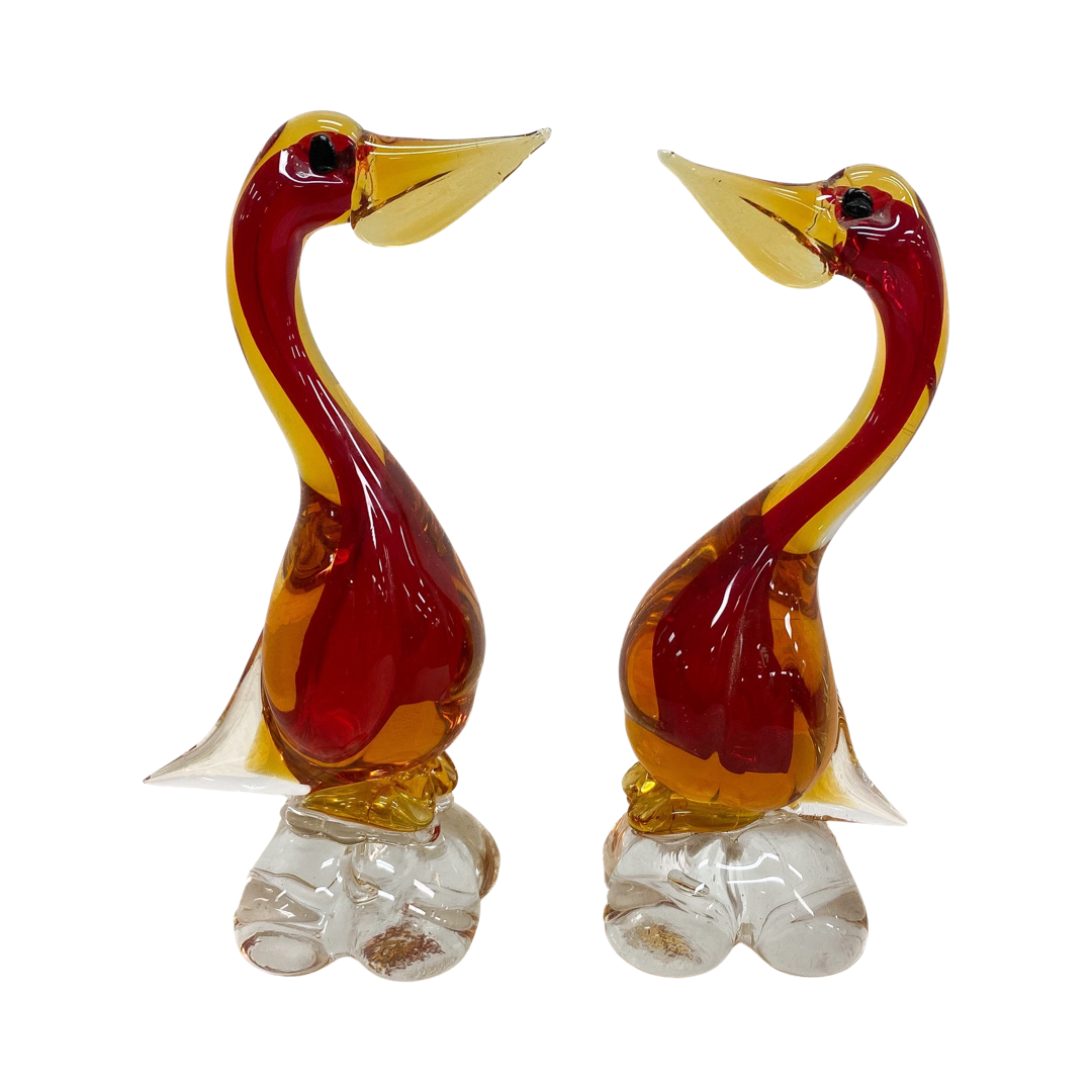 Pair of Mid Century Japanese Red and Orange Art Glass Ducks