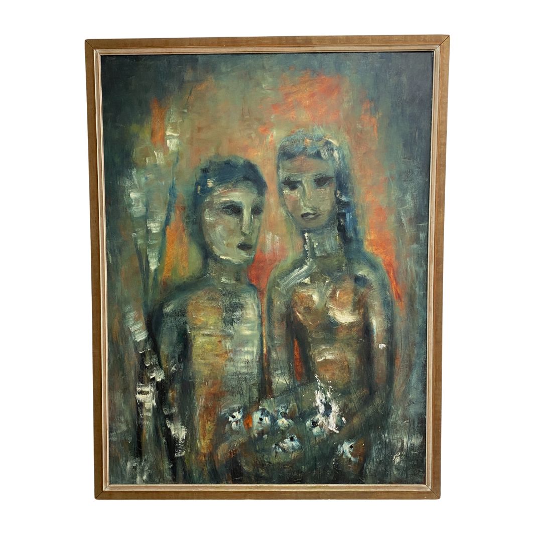 Mid Century Oil On Board Portrait Painting Of Two Figures*