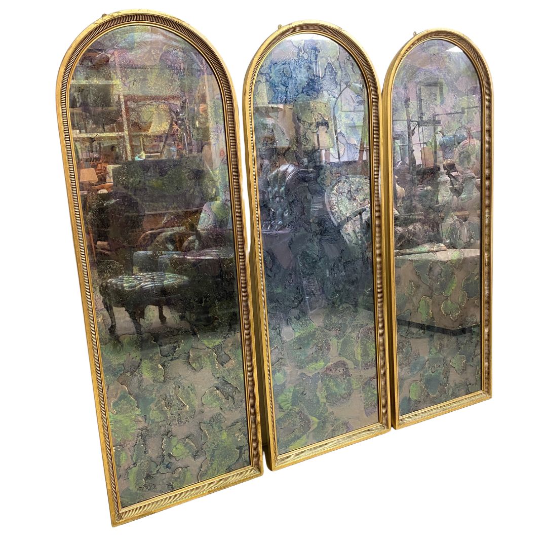 Vintage Gilt Framed Set of 3 Arched MottlePatch Pattern Backed Mirrors