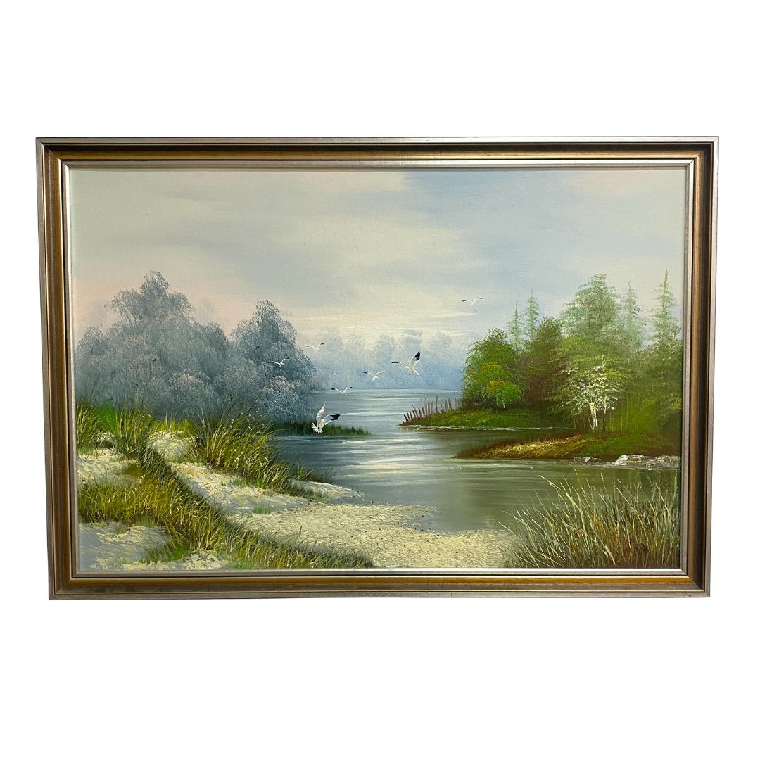 Vintage Landscape Painting With Water Birds Signed Grange