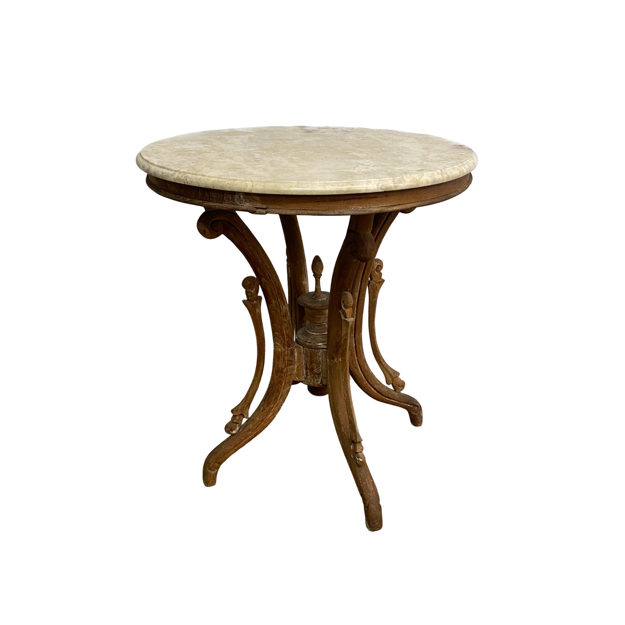 Vintage Marble Top Side Table With Carved Teak Base