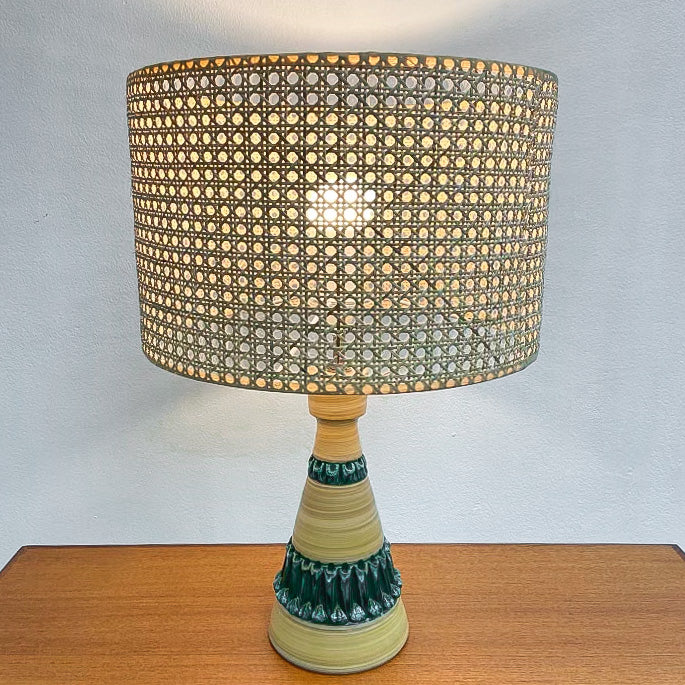 Mid Century Ceramic Base Lamp With Rattan Shade