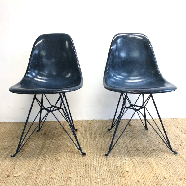 2 x Indigo Blue Fibreglass ‘Eiffel’ chairs by Modernica W/ Black Base