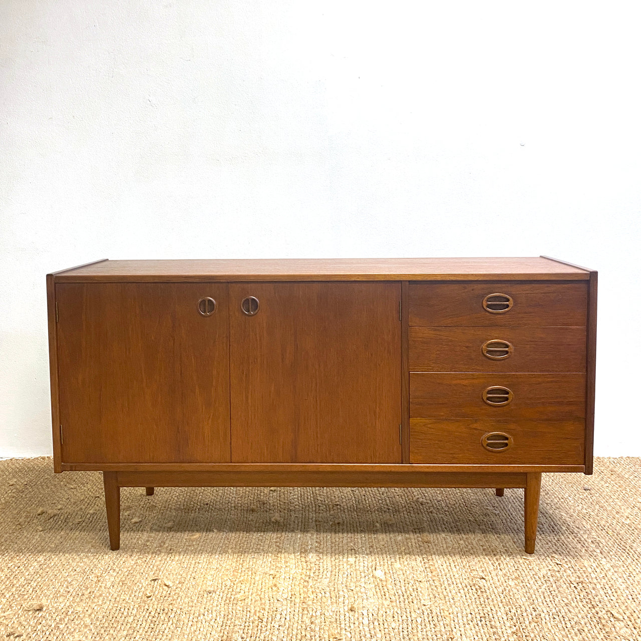 Restored Compact Mid Century Teak Burgess Cats Eye Sideboard