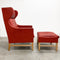 Vintage Danish Red Leather Wingback Armchair with Footstool