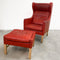 Vintage Danish Red Leather Wingback Armchair with Footstool