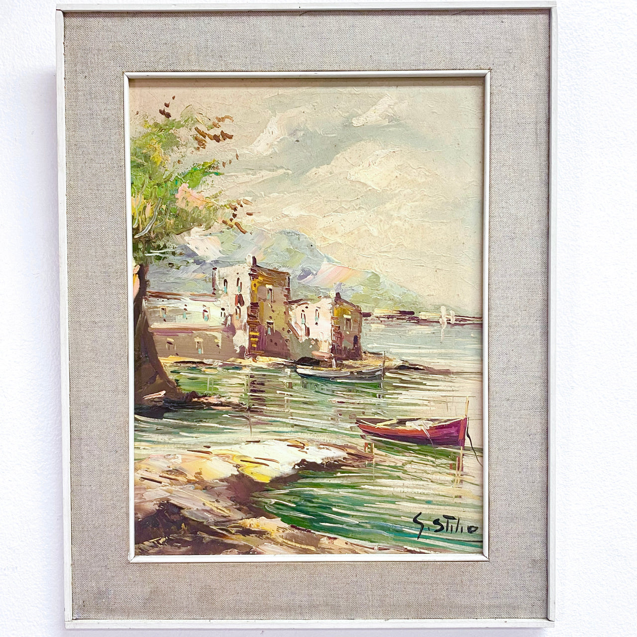 Vintage Mid Century Italian Seaside Oil Painting By S Stilio