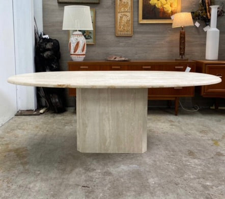 Large Oval Mid Century Italian Travertine Pedestal Dining Table