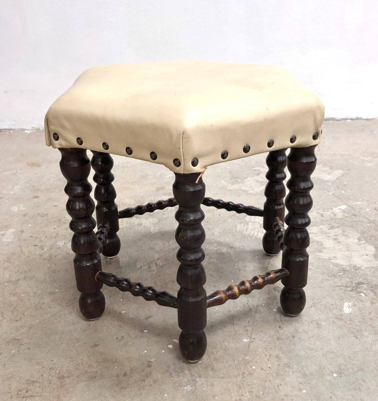 Vintage Danish Bobbin Stool With Leather Upholstery