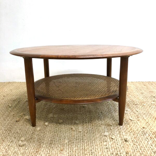 Mid Century TH Brown Round Coffee Table With Rattan Shelf