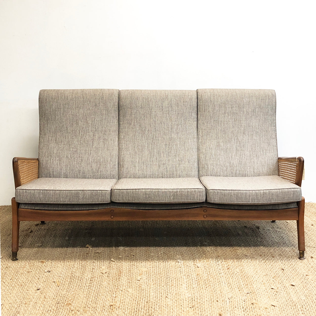 Mid Century Modern Teak Rattan Reupholstered 3 Seater Lounge Sofa