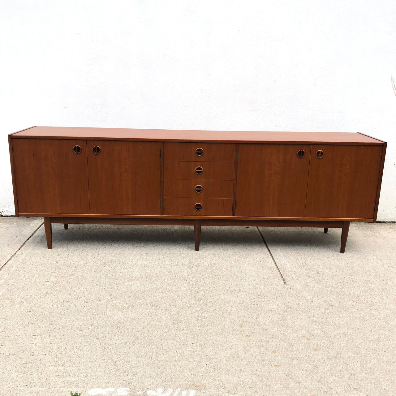 Restored Long Mid Century Teak Parker Nordic Cats Eye Sideboard