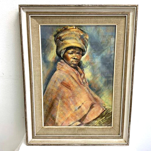 Mid Century Original Pastel Art Portrait of a Lady From Africa