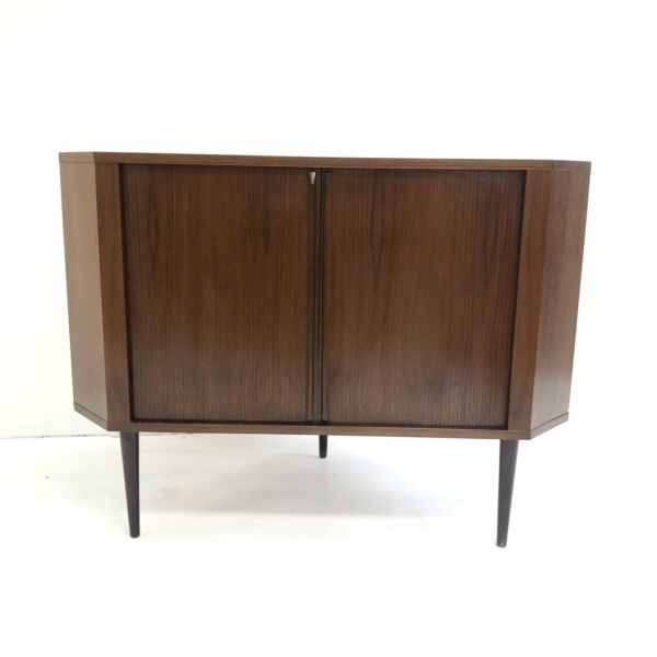 Rare Mid Century 1970’s Danish Tambour Door Cocktail Corner Cabinet