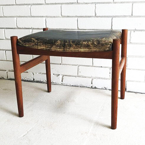 Rare Mid Century Danish Teak And Leather Footstool