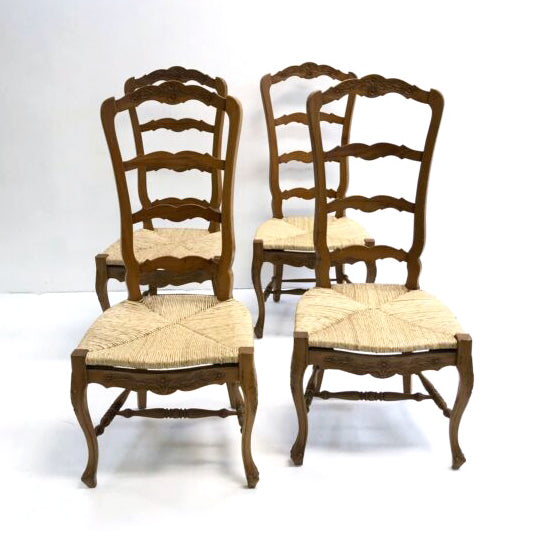 Set Of 4 French Provincial Style Rush Seat Ladder Back Dining Chairs