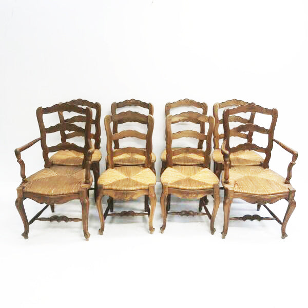 Set 8 Hand Carved Rush Seated French Provincial Style Dining Chairs