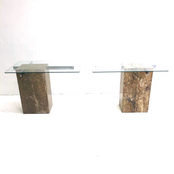 Travertine and Glass Cantilevered Side Tables