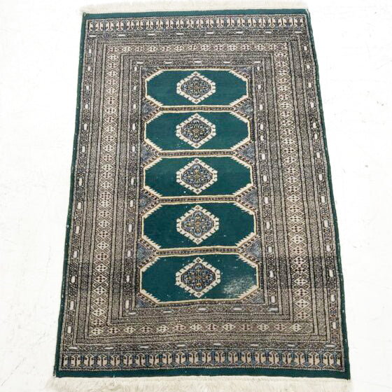 Vintage Hand Knotted Green Persian Wool Rug