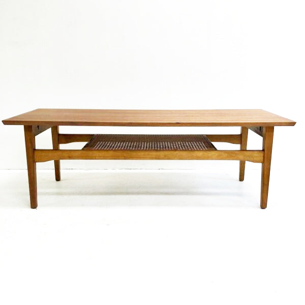 Vintage Mid Century Coffee Table With Rattan Shelf