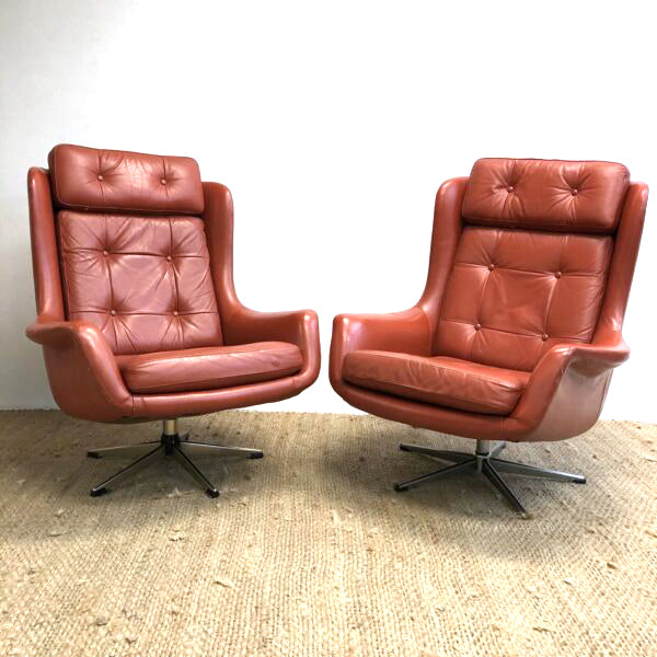 Mid Century Danish Burnt Orange Leather Swivel Armchairs