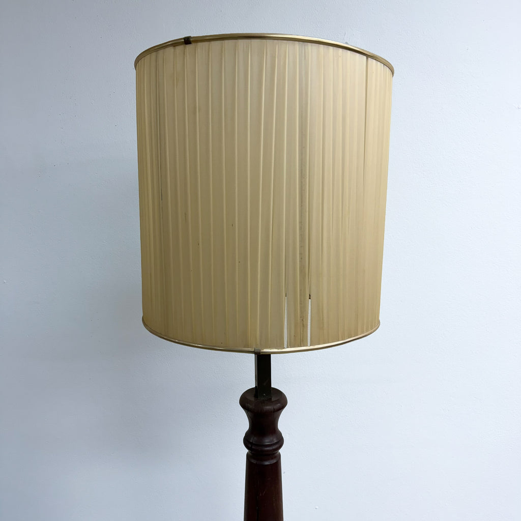 1950-60's Wood And Brass Vintage Floor Lamp Wound Vinyl Ribbon Shade