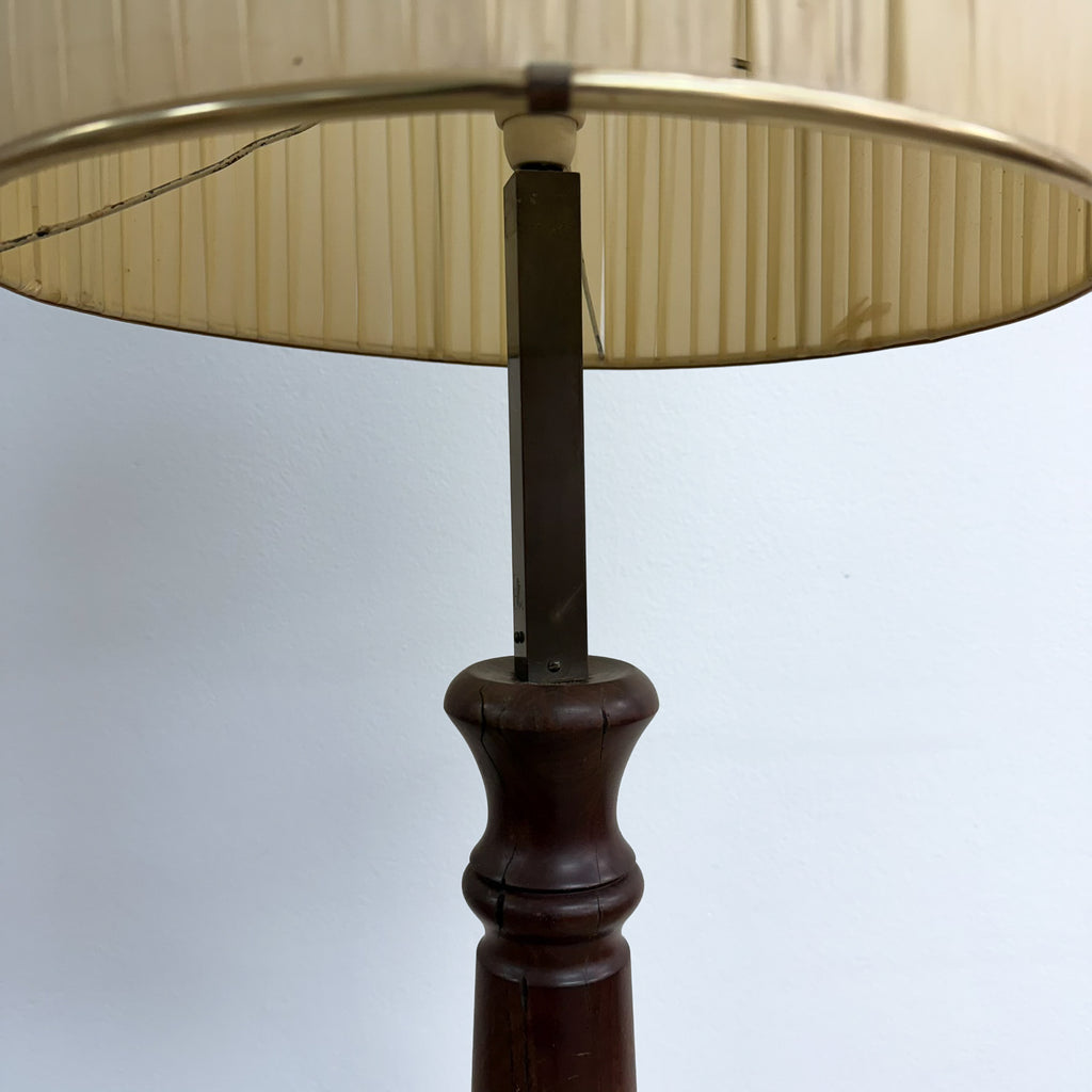 1950-60's Wood And Brass Vintage Floor Lamp Wound Vinyl Ribbon Shade