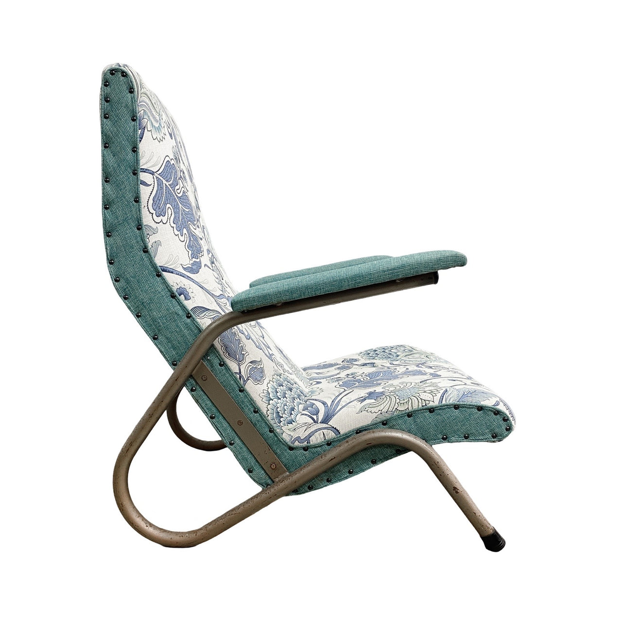 1950's Reupholstered Grasshopper Steel Frame Armchair