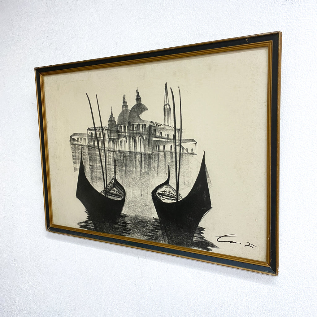 Framed artwork of gondolas on water with a building reflection, signed by the artist.