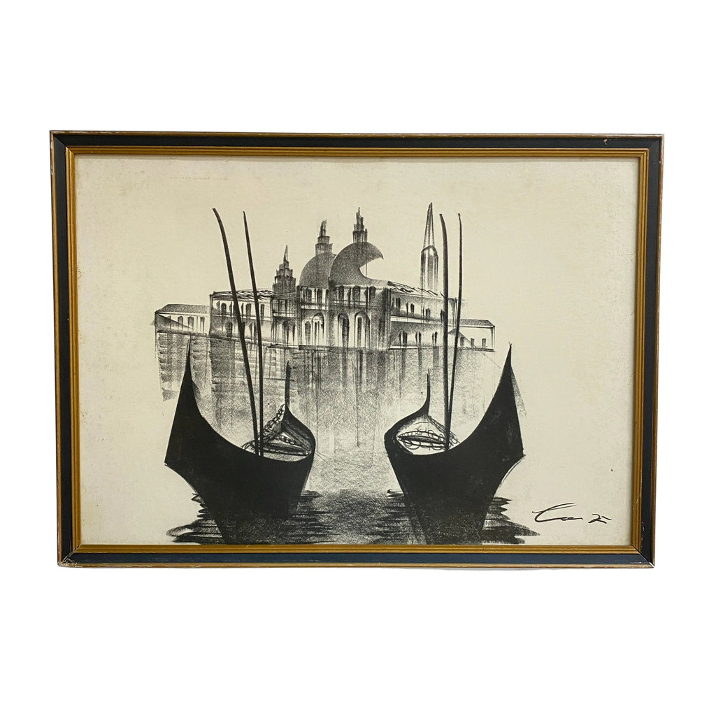 Framed artwork of gondolas on water with a cityscape in the background