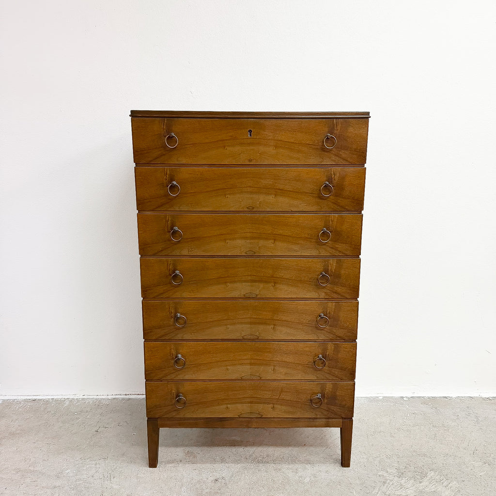1960's Mid Century Danish Walnut Finish Chest Of Drawers With Brass Handles
