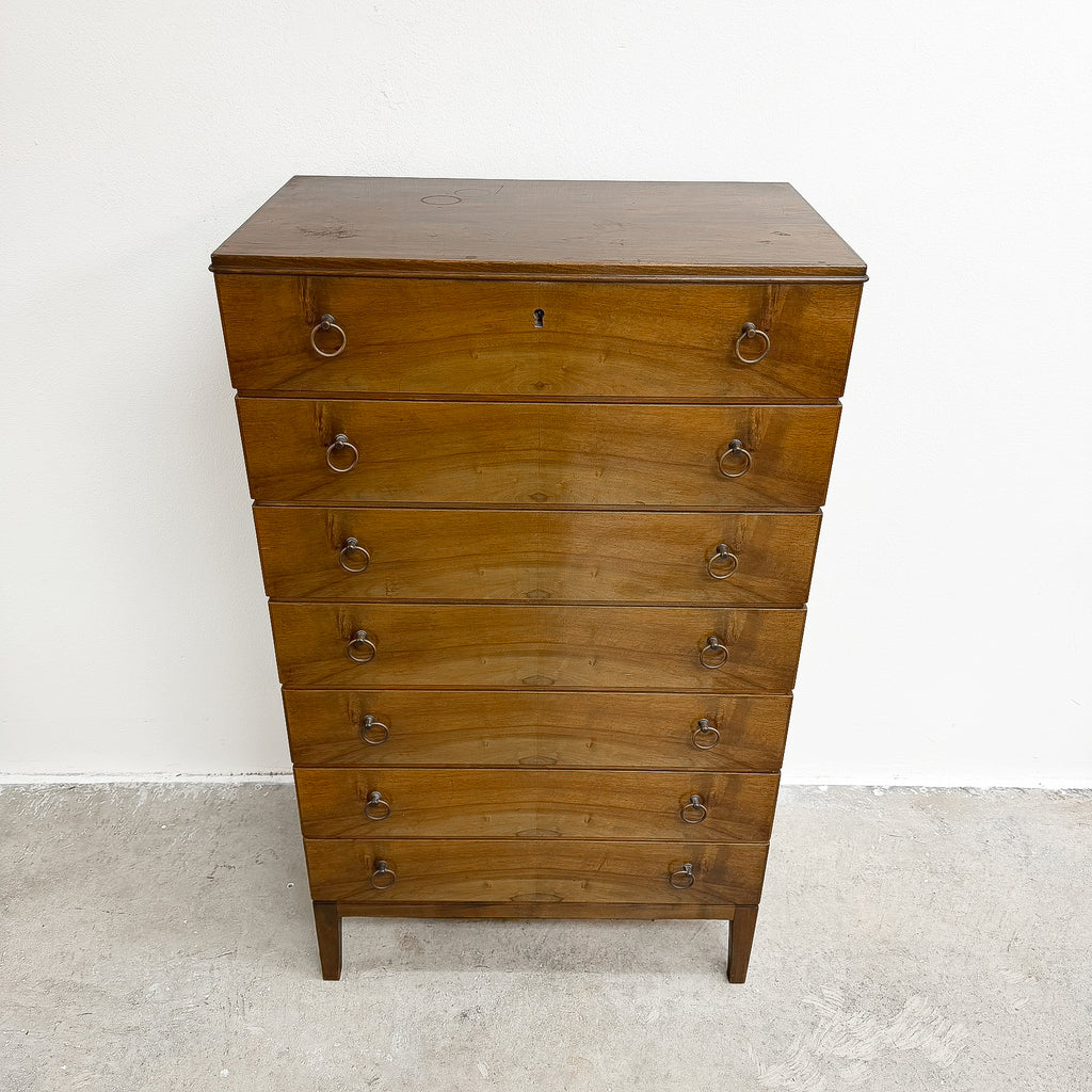 1960's Mid Century Danish Walnut Finish Chest Of Drawers With Brass Handles