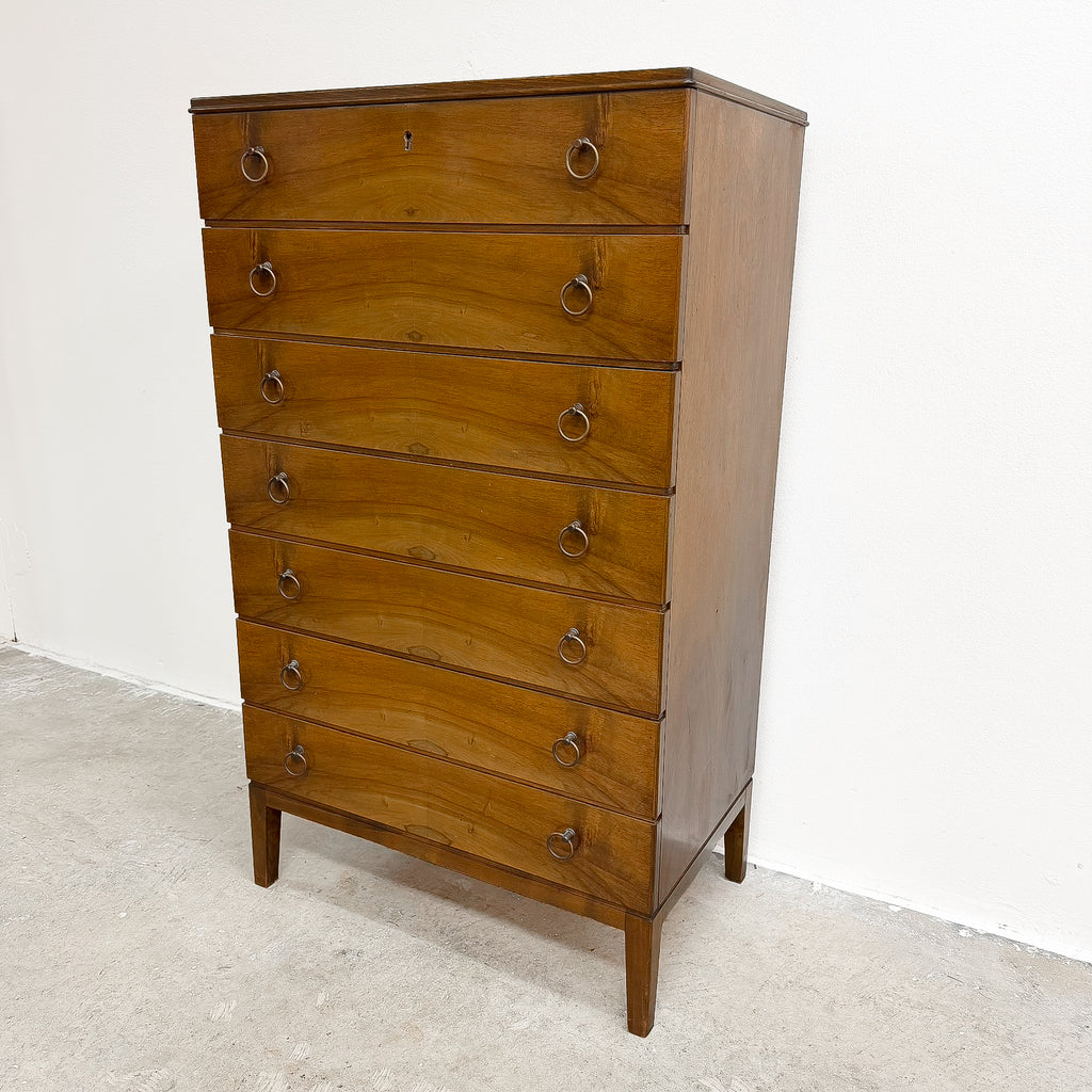 1960's Mid Century Danish Walnut Finish Chest Of Drawers With Brass Handles