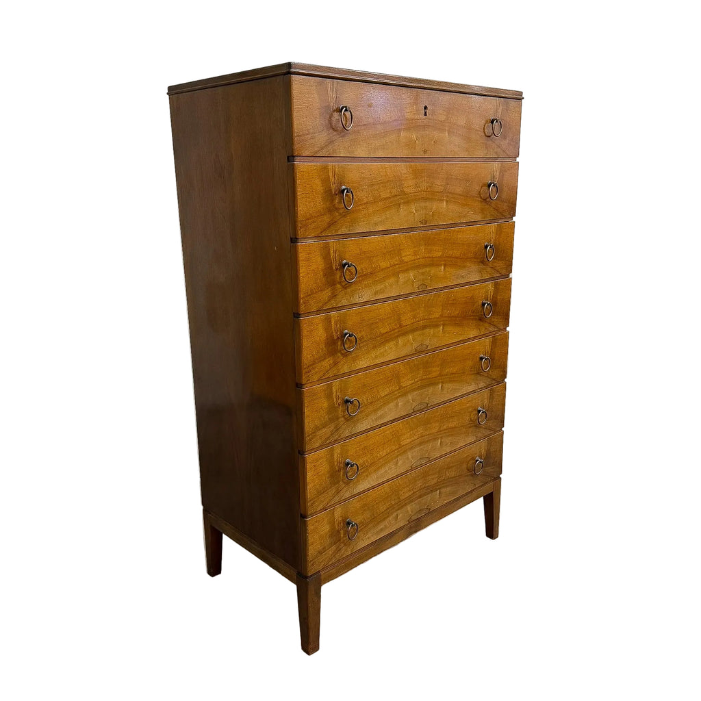 1960's Mid Century Danish Walnut Finish Chest Of Drawers With Brass Handles