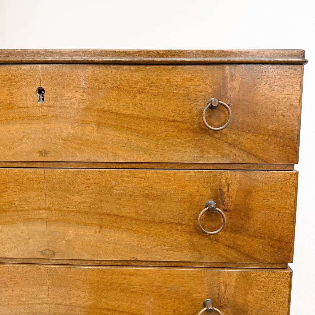 1960's Mid Century Danish Walnut Finish Chest Of Drawers With Brass Handles