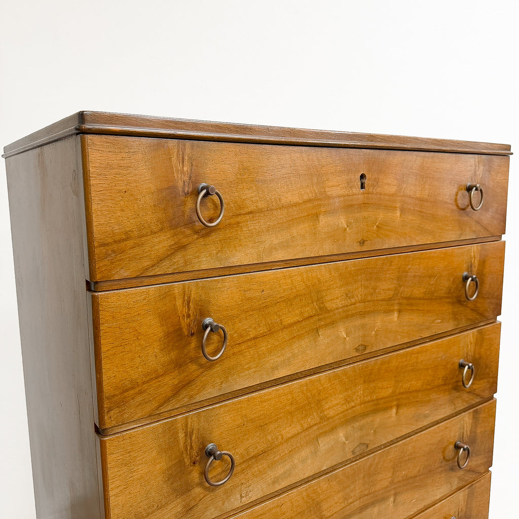 1960's Mid Century Danish Walnut Finish Chest Of Drawers With Brass Handles
