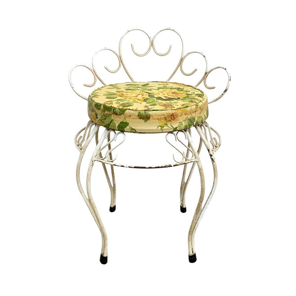 1960's Mid Century Wrought Iron Stool With Vinyl Rose Pattern Seat